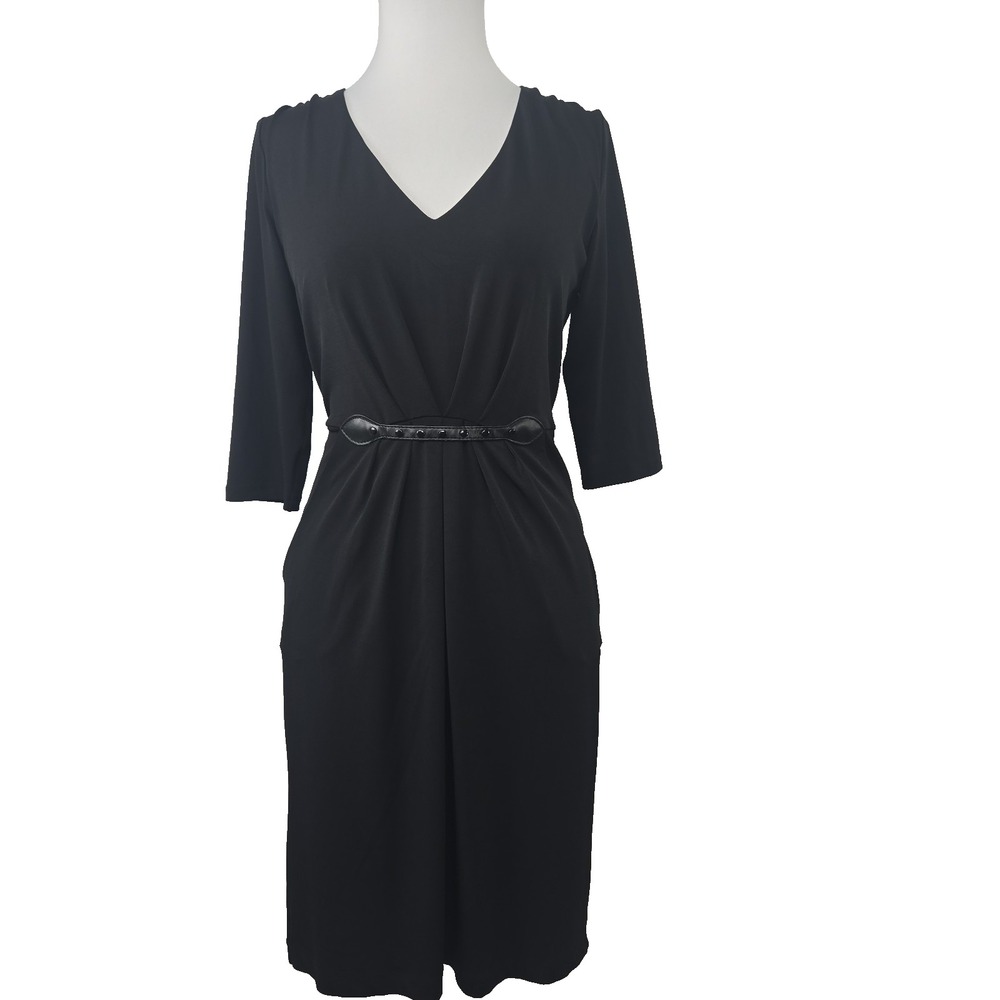 Catherine Malandrino Size 6 Black V-neck Stretch Knit 3/4 Sleeve Dress Pockets